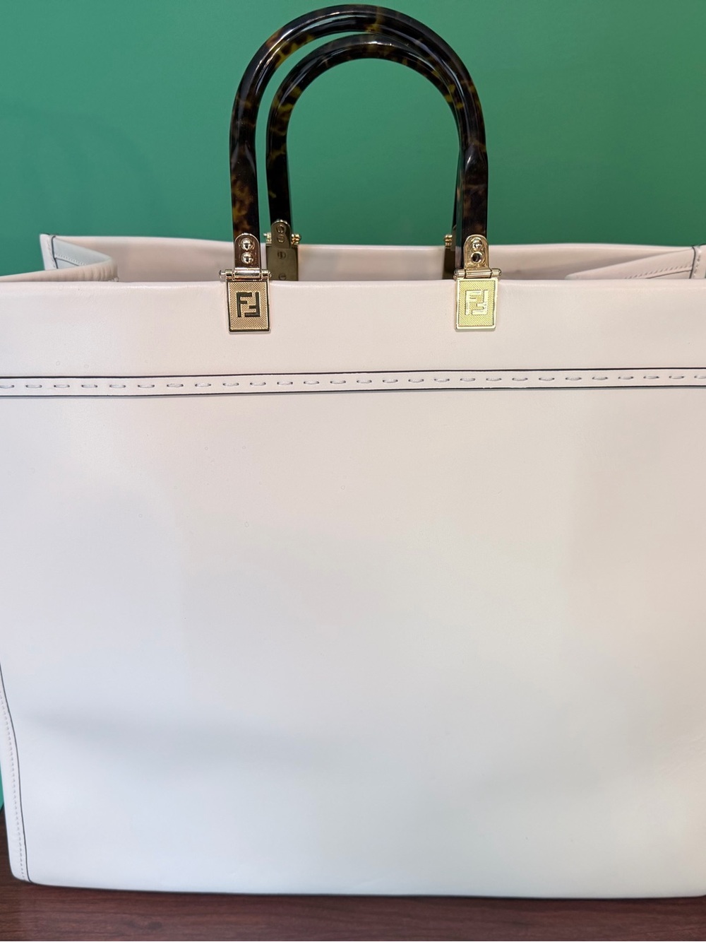 Designer Inspired White Faux Leather Tote |Tortoiseshell Handles with dustba